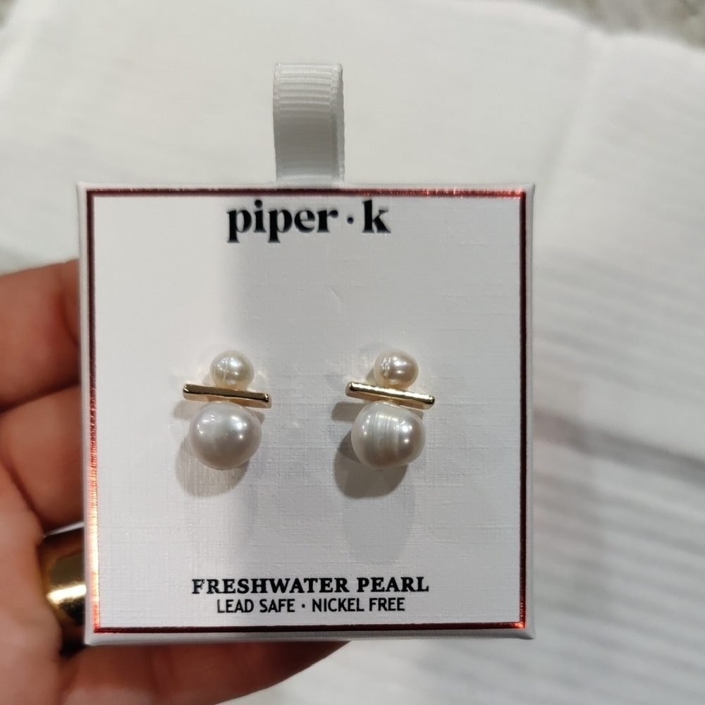 New!Freshwater Cultured Pearl White Semi Round Pearl Piper Earrings Nickel Free